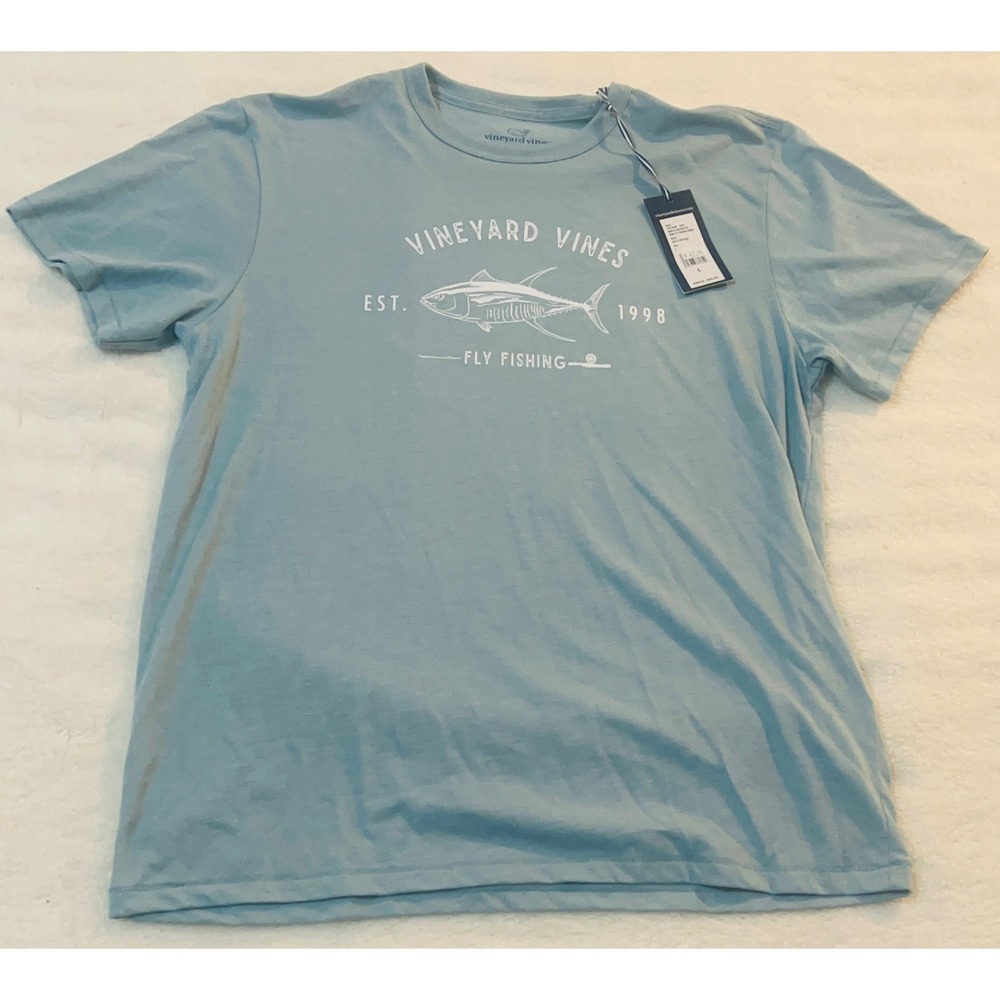 Vineyard Vines Mens Tuna Fly Fishing Graphic Tee Sea Cliff Blue Large
